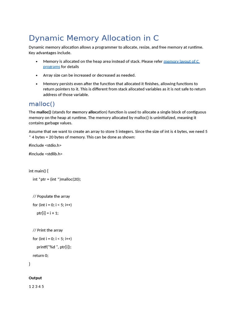 Dynamic Memory Allocation in C | PDF | Pointer (Computer Programming ...