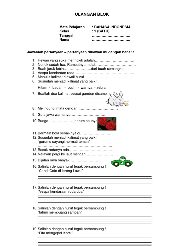 Soal UTS Bahasa Indonesia Kelas 1 Semester 1 | PDF