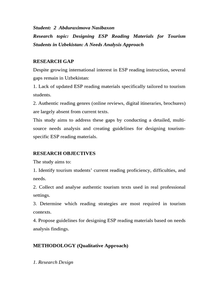 Research Gap Designing ESP Reading Materials For Tourism Students | PDF ...
