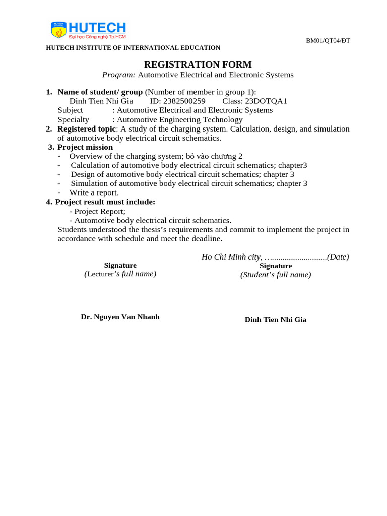 07 BM01 QT04 DT Registration Form PHIEU GIAO de TAI DinhTienNhiGia | PDF