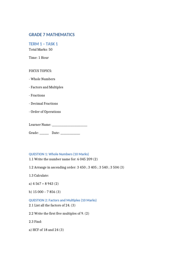 Grade 7 Mathematics Term 1 Task 1 Question Paper | PDF