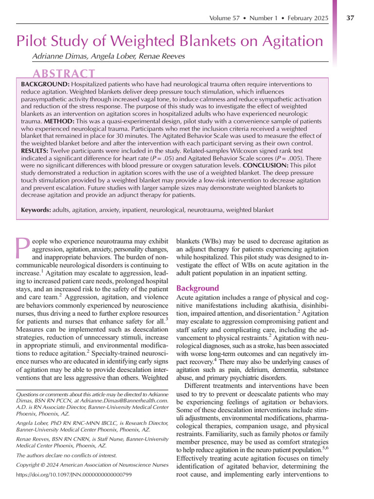 Pilot Study of Weighted Blankets On Agitation: Adrianne Dimas, Angela ...