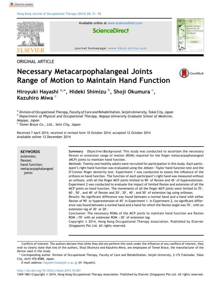 Hayashi Et Al 2014 Necessary Metacarpophalangeal Joints Range of Motion ...