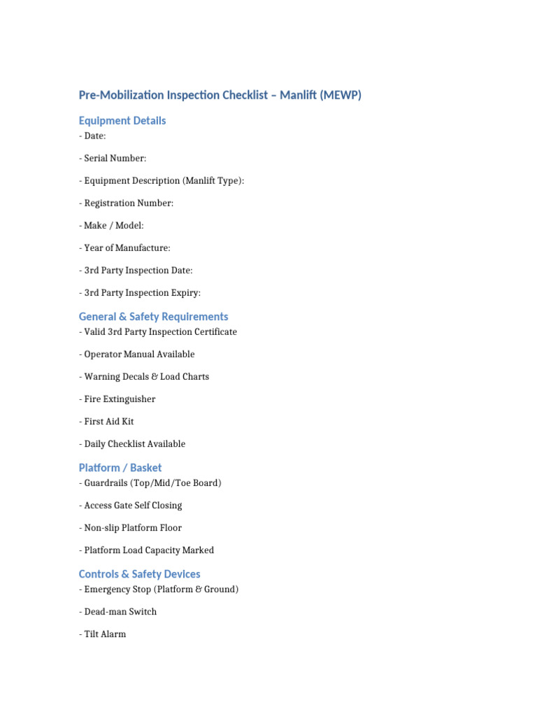 Manlift Pre-Mobilization Checklist | PDF