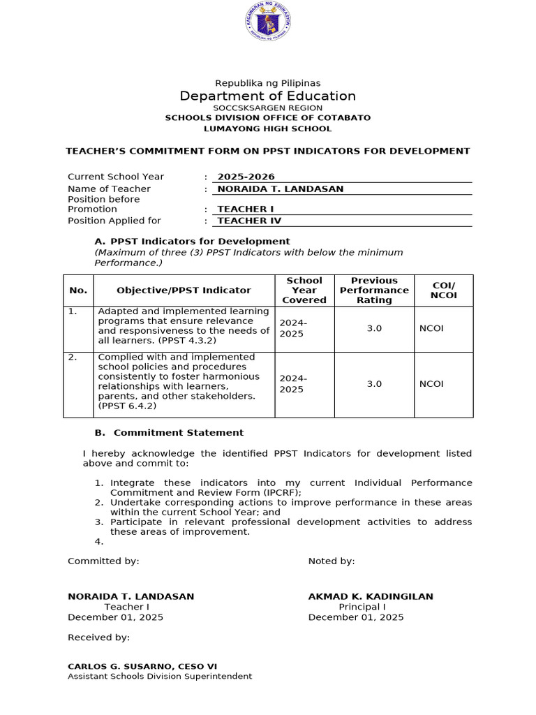 Do 034 Teachers Commitment Form On PPST | PDF