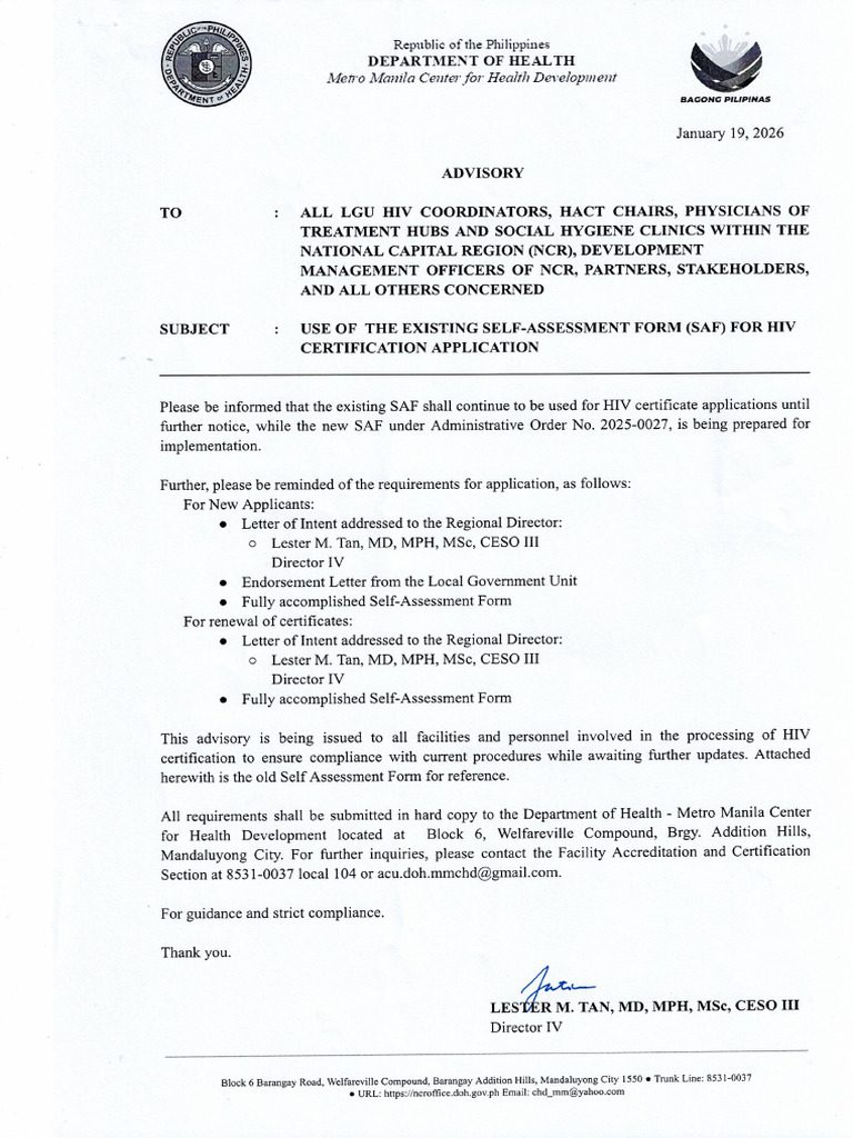 Advisory Use of The Existing Self Assessment Form Saf For Hiv ...