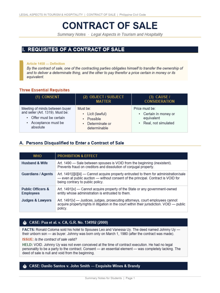 Contract of Sale Summary Notes | PDF