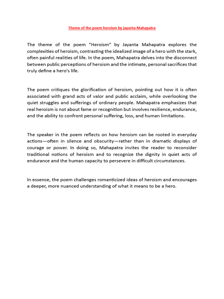 Theme of The Poem Heroism by Jayanta Mahapatra | PDF