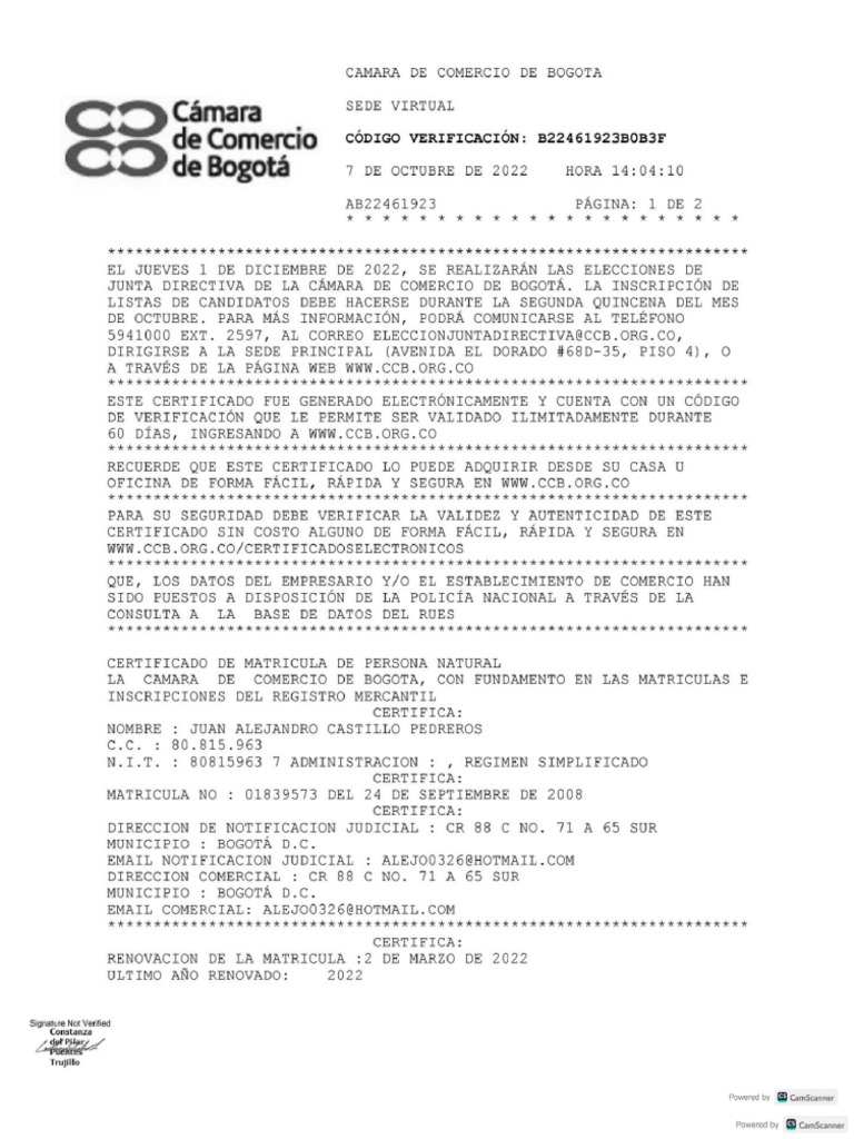 Certificado de Camara y Comercio Alejandro Castillo | PDF
