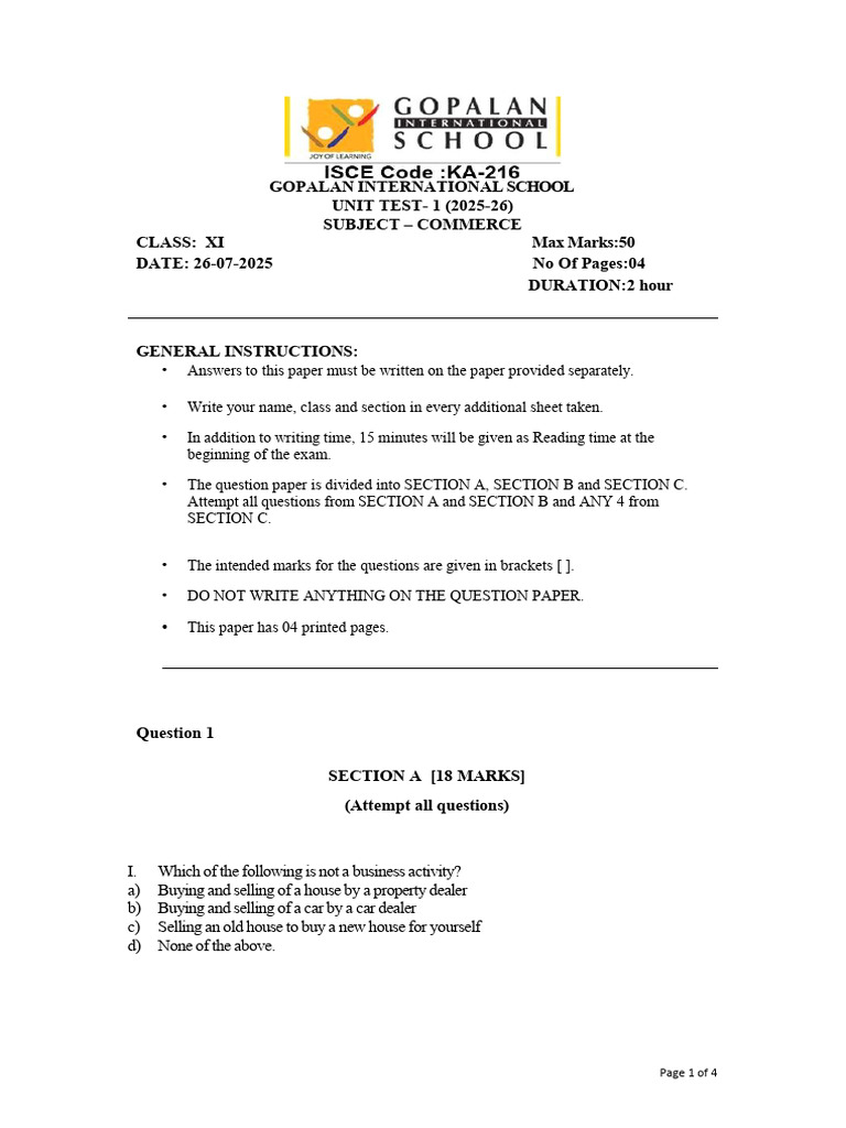 UT 1 Commerce Question Paper 16.07.2025 | PDF | Business | Economies