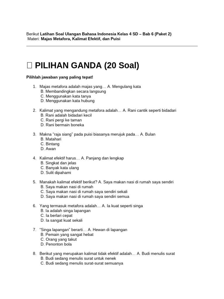 Berikut Latihan Soal Ulangan Bahasa Indonesia Kelas 4 SD - Bab 6 (Paket ...