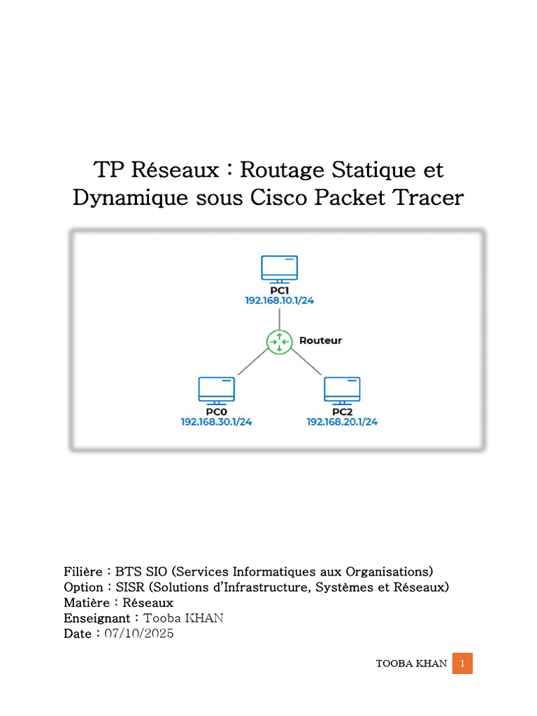 TP Réseaux: Routage Statique Et: Dynamique Sous Cisco Packet Tracer | PDF