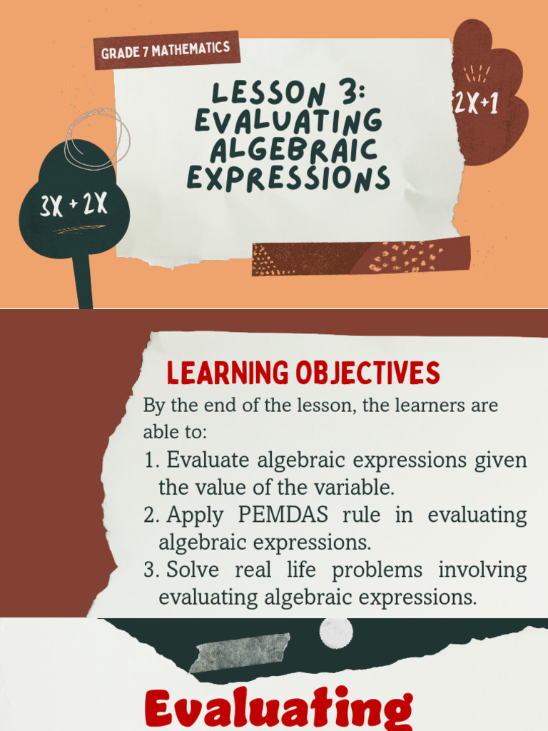 Lesson 3 Evaluating Algebraic Expressions | PDF | Mathematics | Algebra