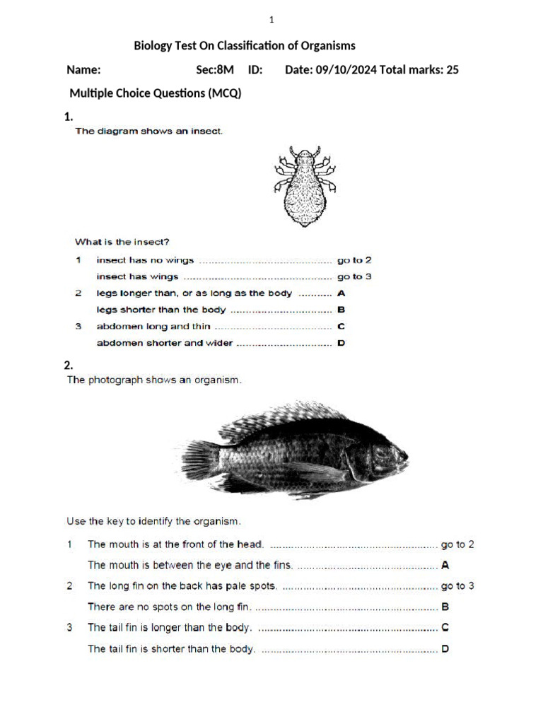 Test On Classification of Organisms - 8M | PDF