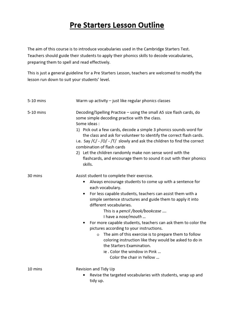 Pre Starters Lesson Outline | PDF | Phonics | Flashcard