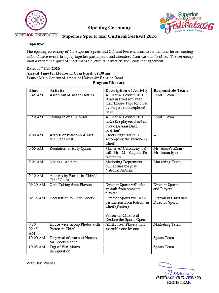 Opening Ceremony Plan Sports Festival 2026 | PDF