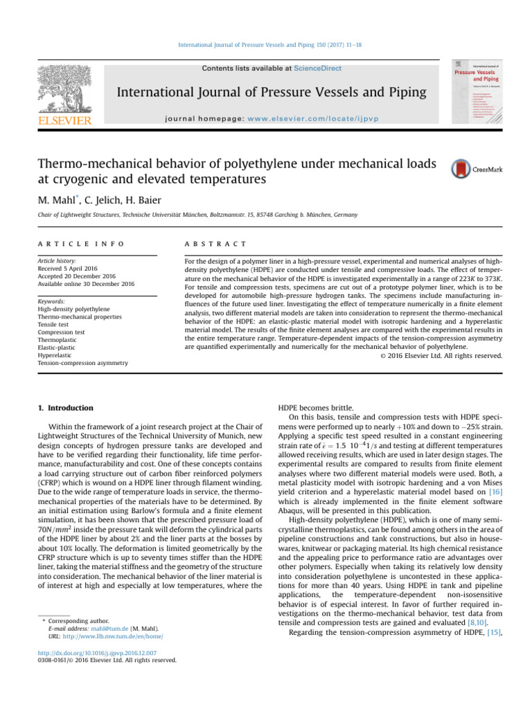 Thermo-Mechanical Behavior of Polyethylene Under Mechanical Loads at ...