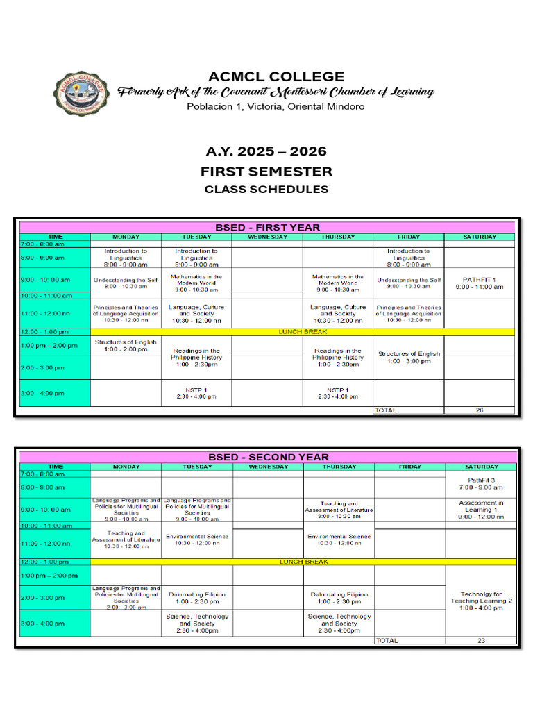 First Semester 2025 2026 Class Schedules | PDF
