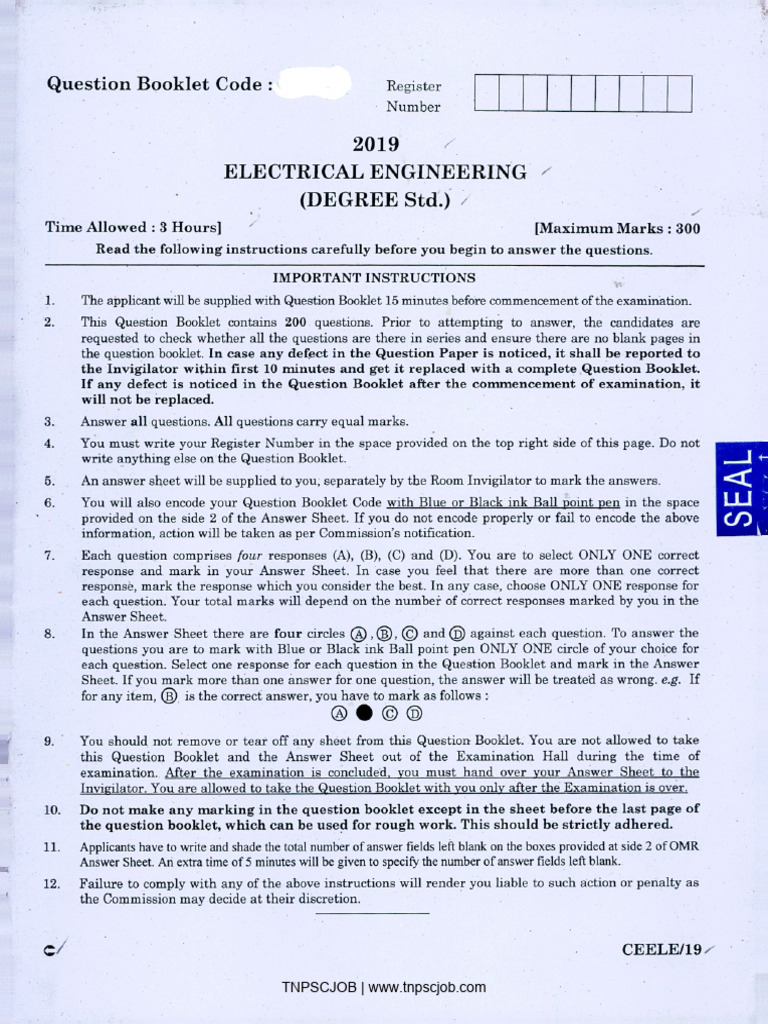 Electrical Engineering Question Paper 2019 - Degree Standard | PDF