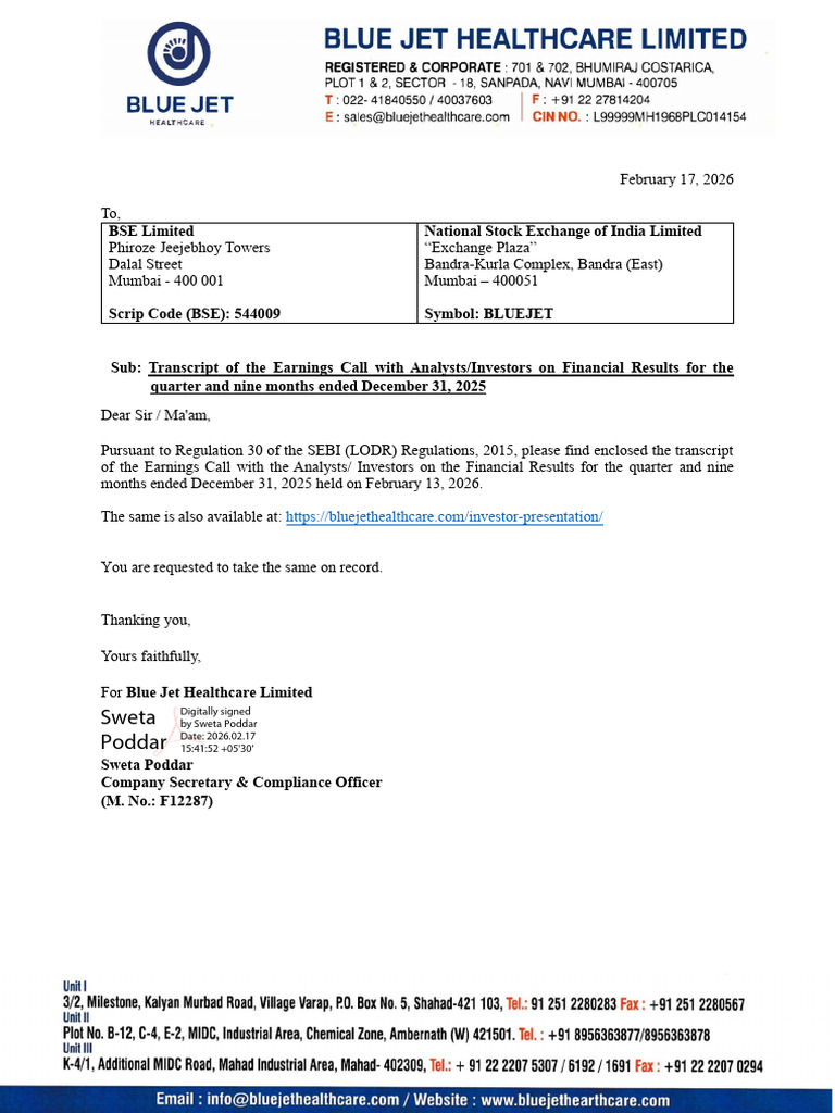 FY26Q3-Blue Jet Healthcare LTD | PDF | Economies
