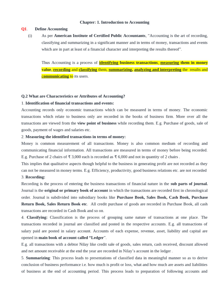 CH 1 Introduction To Accounting | PDF | Debits And Credits | Bookkeeping