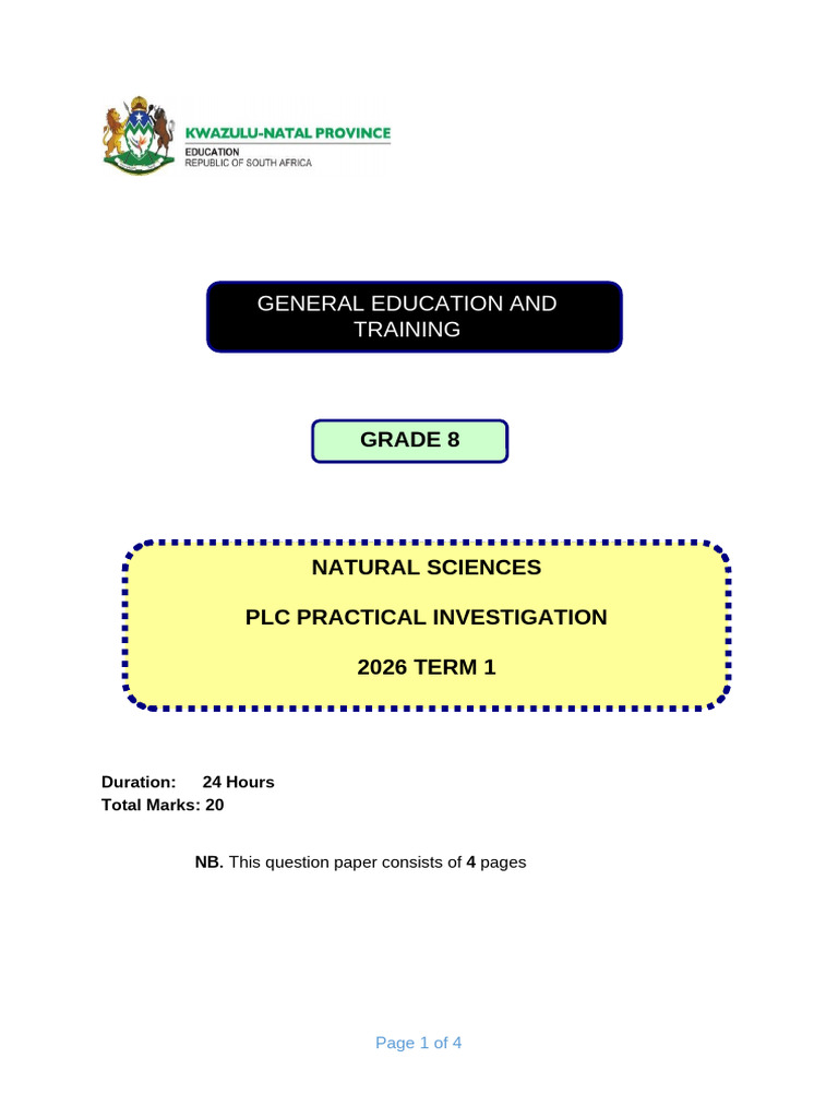 NS Grade 8 Term 1 PLC Practical 2026 | PDF | Leaf | Cognition