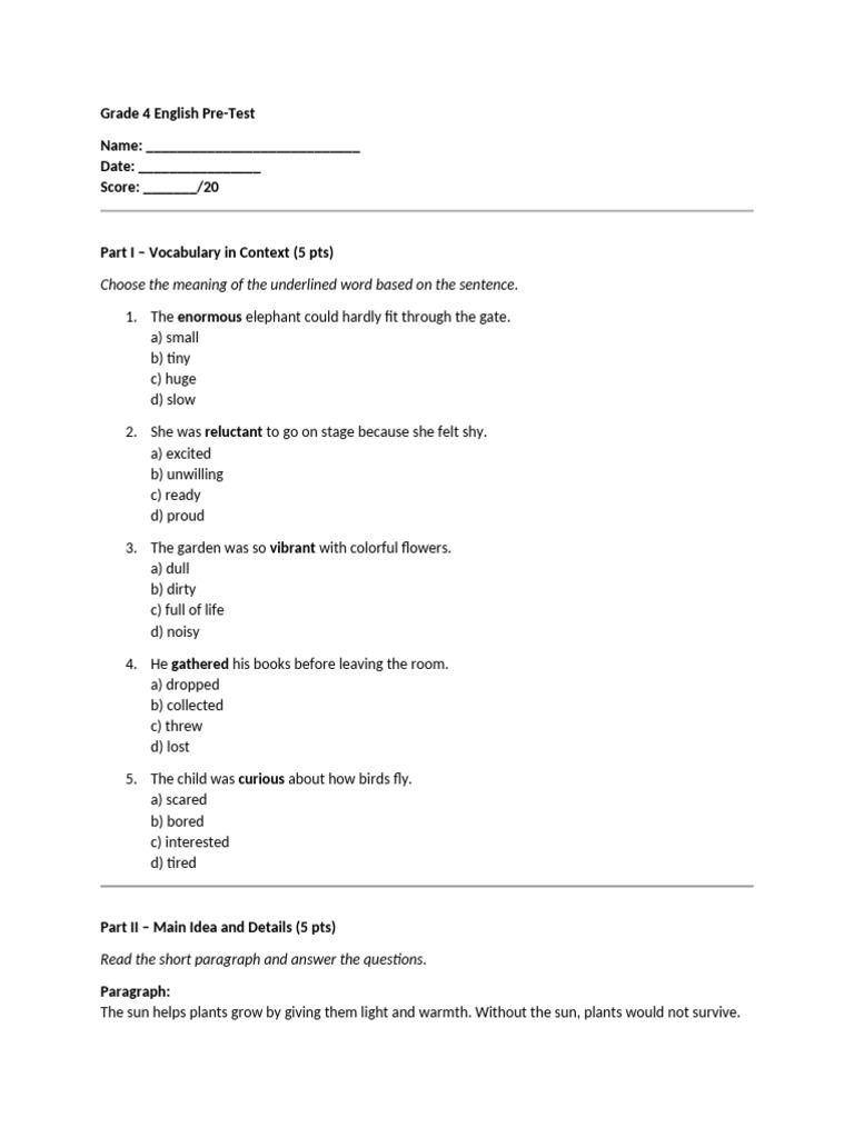Grade 4 English Pre Test | PDF