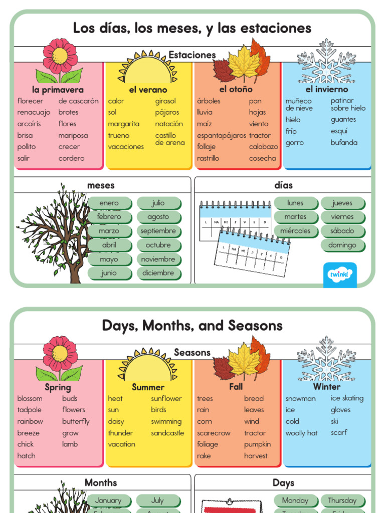 Color Days, Months, And Seasons Word Mat - English_Spanish | PDF ...
