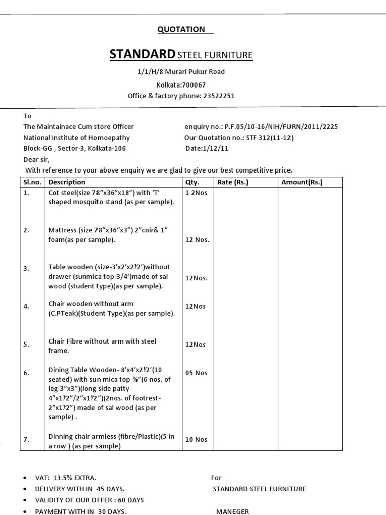 Quotation for Standard Steel Furniture | PDF | Technology & Engineering