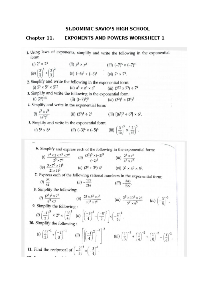 Exponents and Power Worksheet | PDF