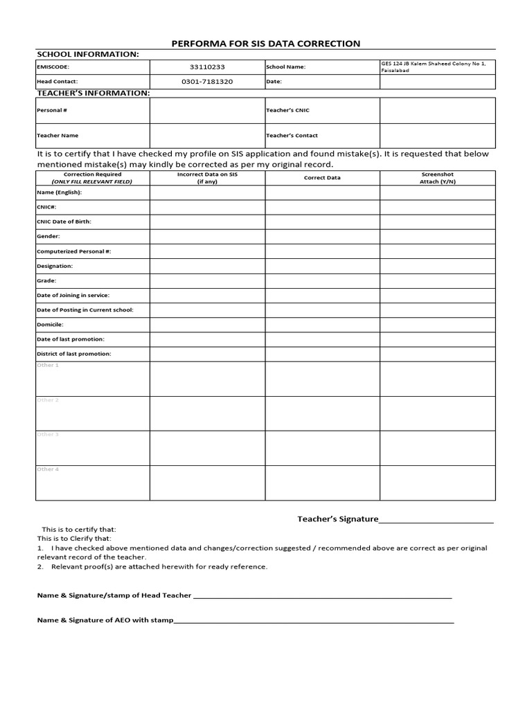 SIS Data Correction Form | PDF