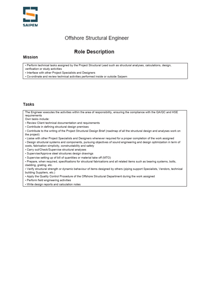 JD - Offshore Structural Engineer | PDF