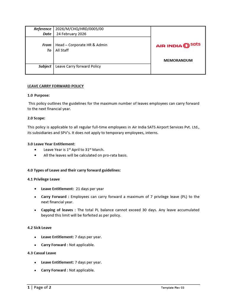 Memo - Carry Forward of PL (FY 25-26) | PDF