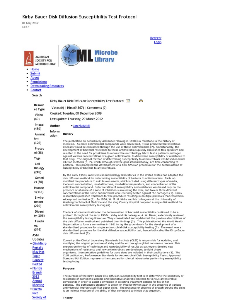 Kirby-Bauer Disk Diffusion Susceptibility Test Protocol | PDF ...