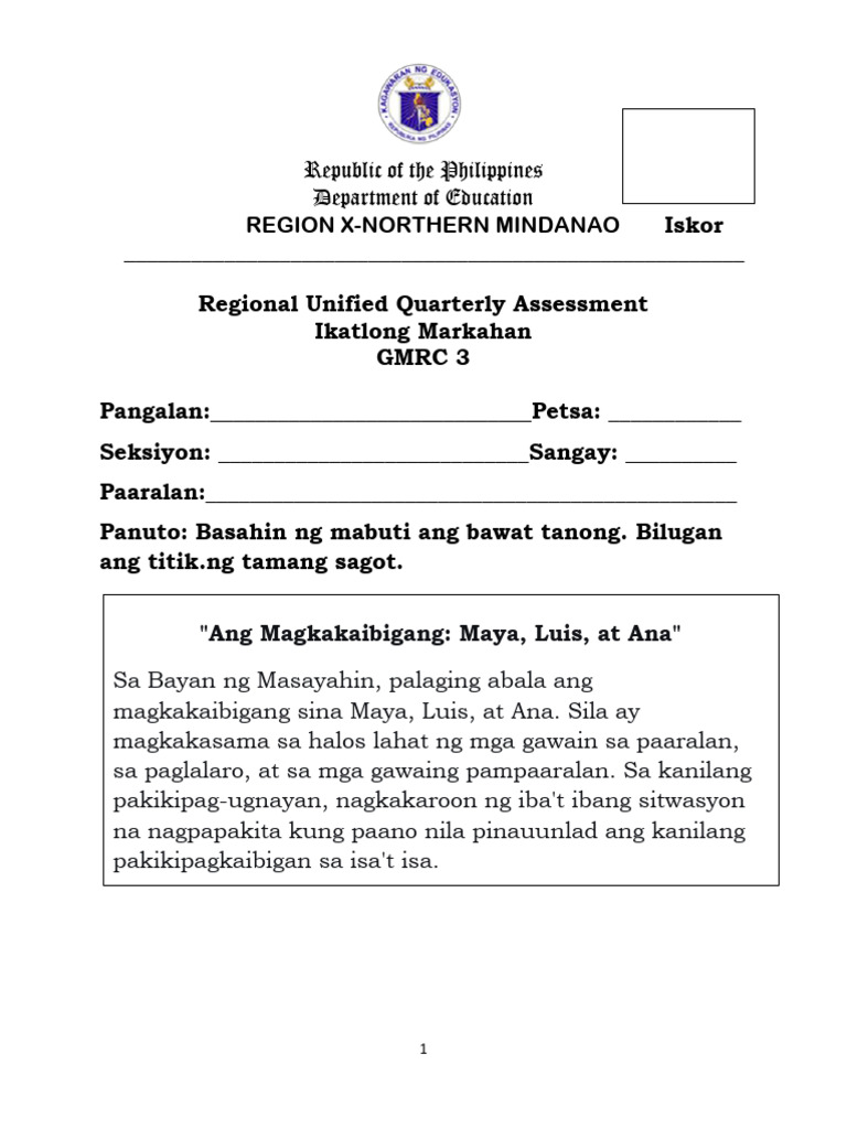 Grade 3 GMRC 3rd Q RUQA Test Items | PDF