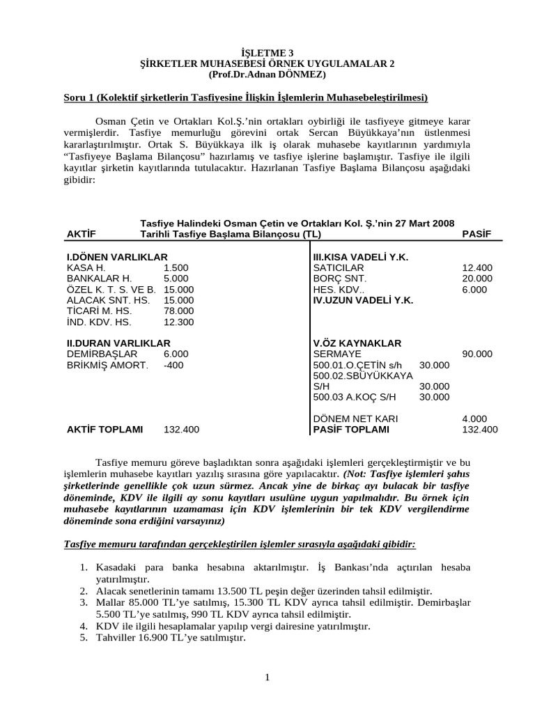 Şirketler Muhasebesi Örnek Sorular 2 Kopyası | PDF