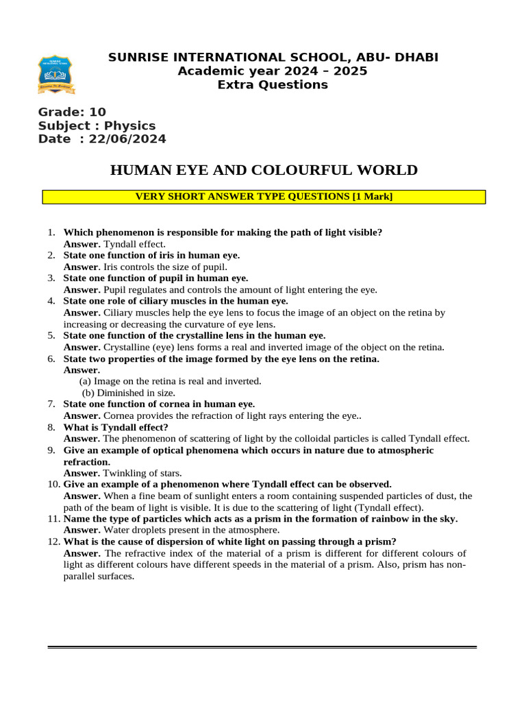 Worksheet Human-Eye-And-Colourful-World | PDF | Eye | Myopia