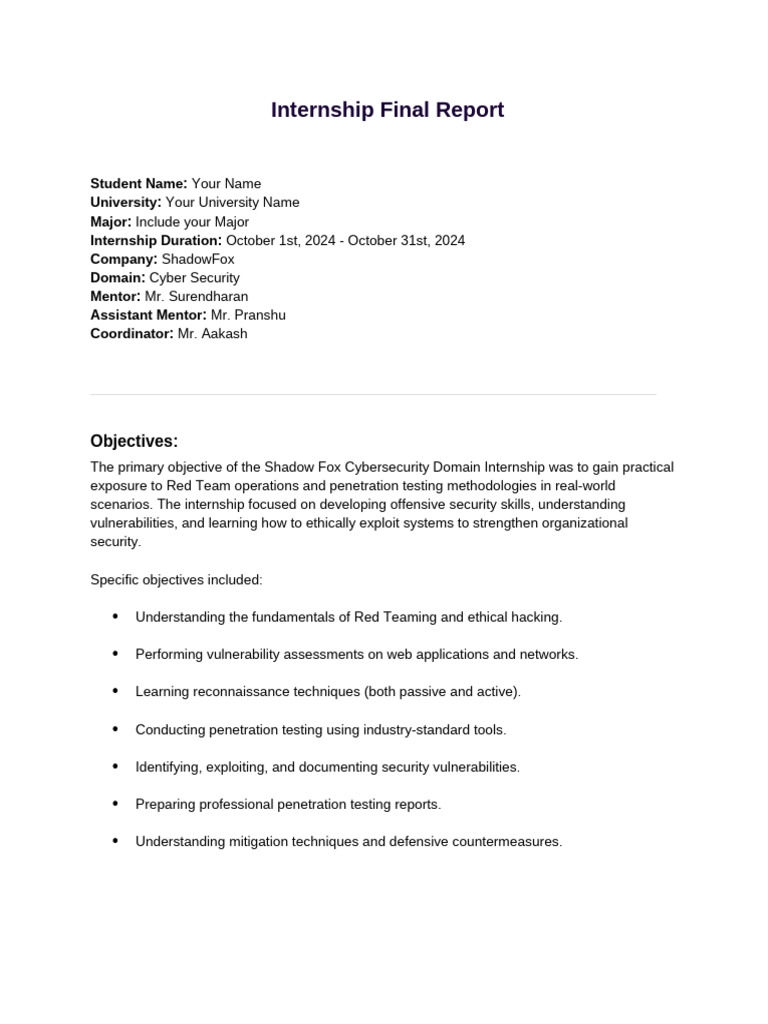 Internship Final Report Template - Cyber Security | PDF | Penetration ...