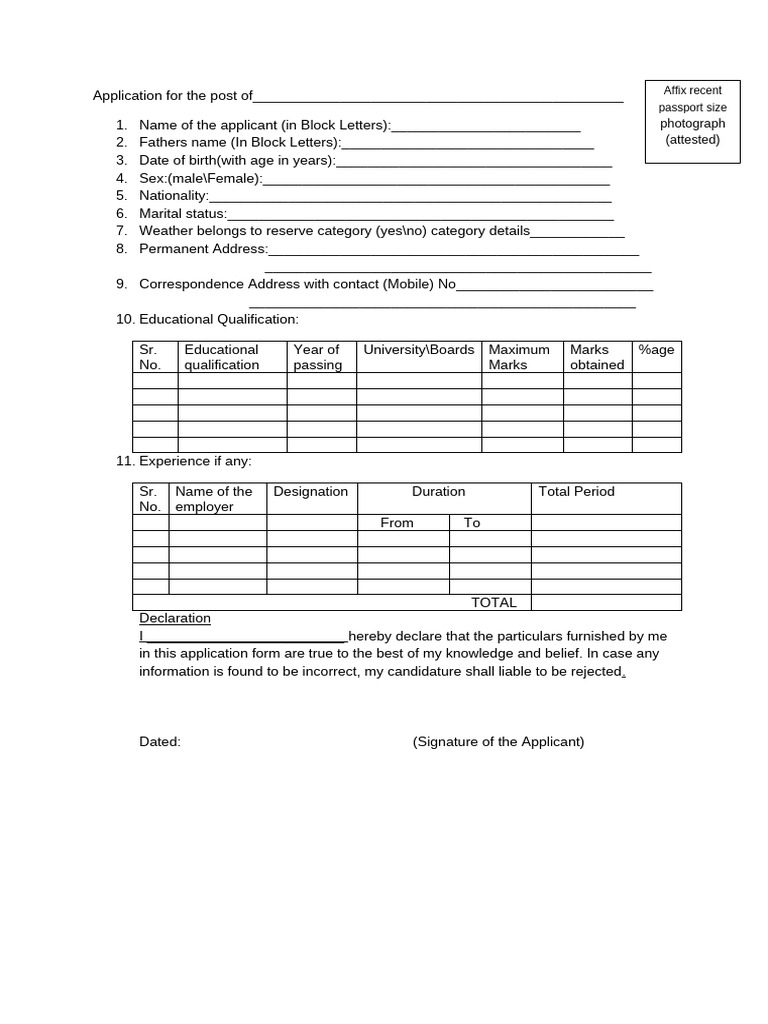 Application For The Post of | PDF
