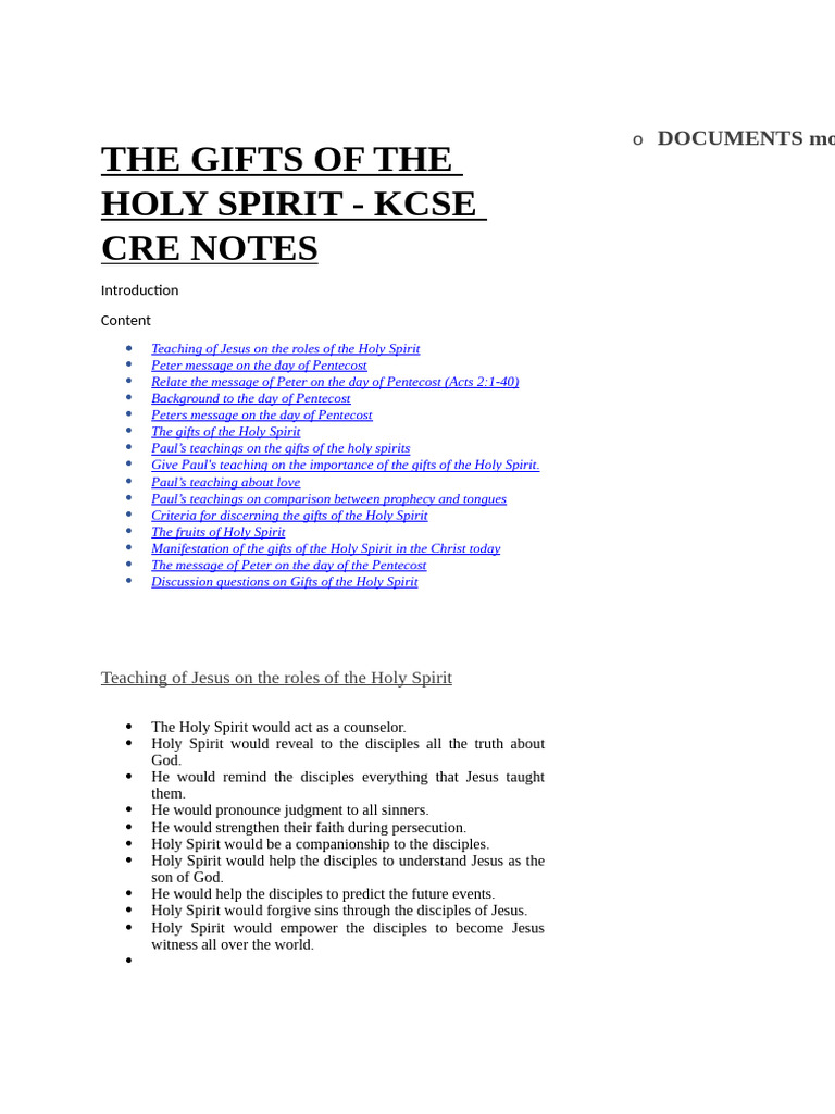 Form 3 Topic 1... Gifts of The Holy Spirit | PDF | Jesus | Spiritual Gift