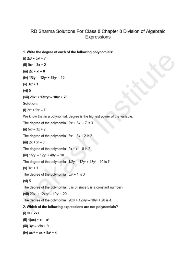 RD Sharma Solutions For Class 8 Chapter 8 Division of Algebraic ...