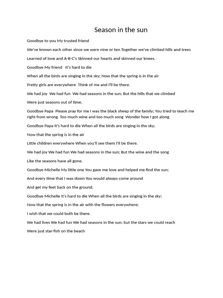 Season in The Sun Song | PDF
