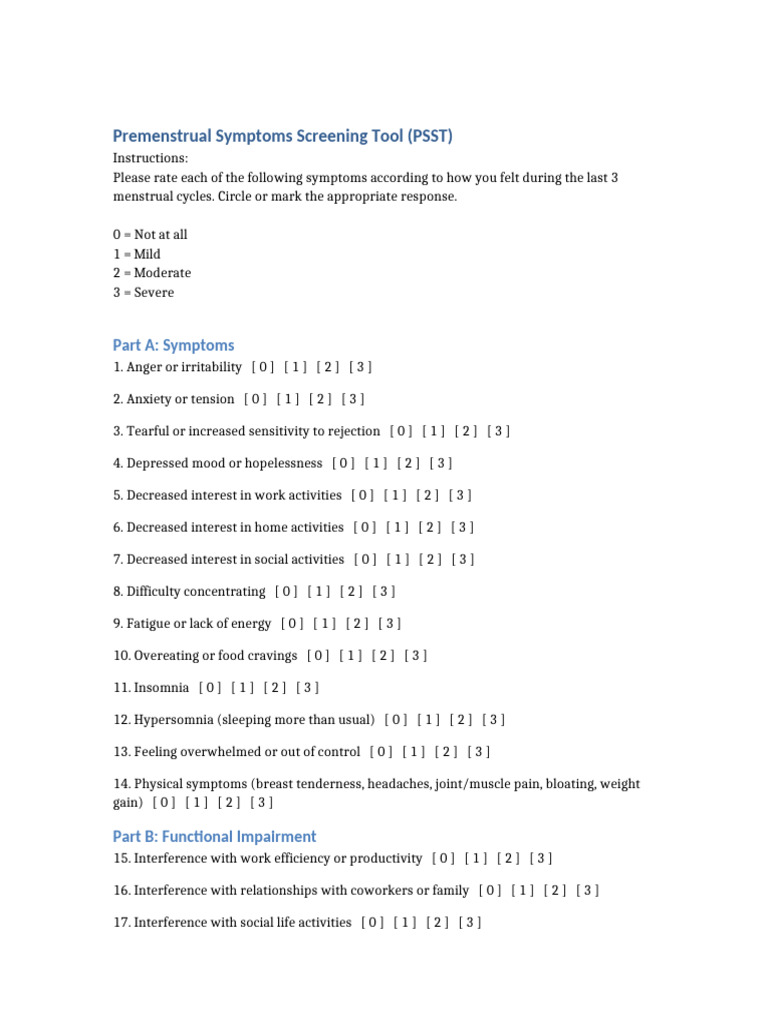 Premenstrual Symptoms Screening Tool PSST | PDF