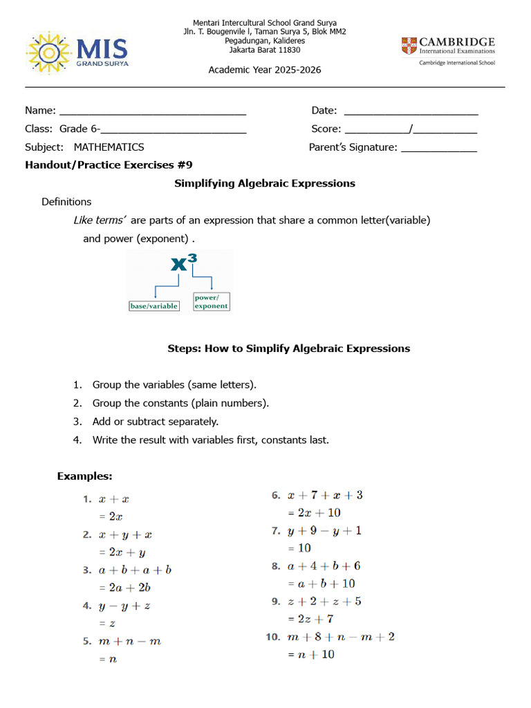 9 Simplifying Algebraic Expressions | PDF | Mathematics | Algebra