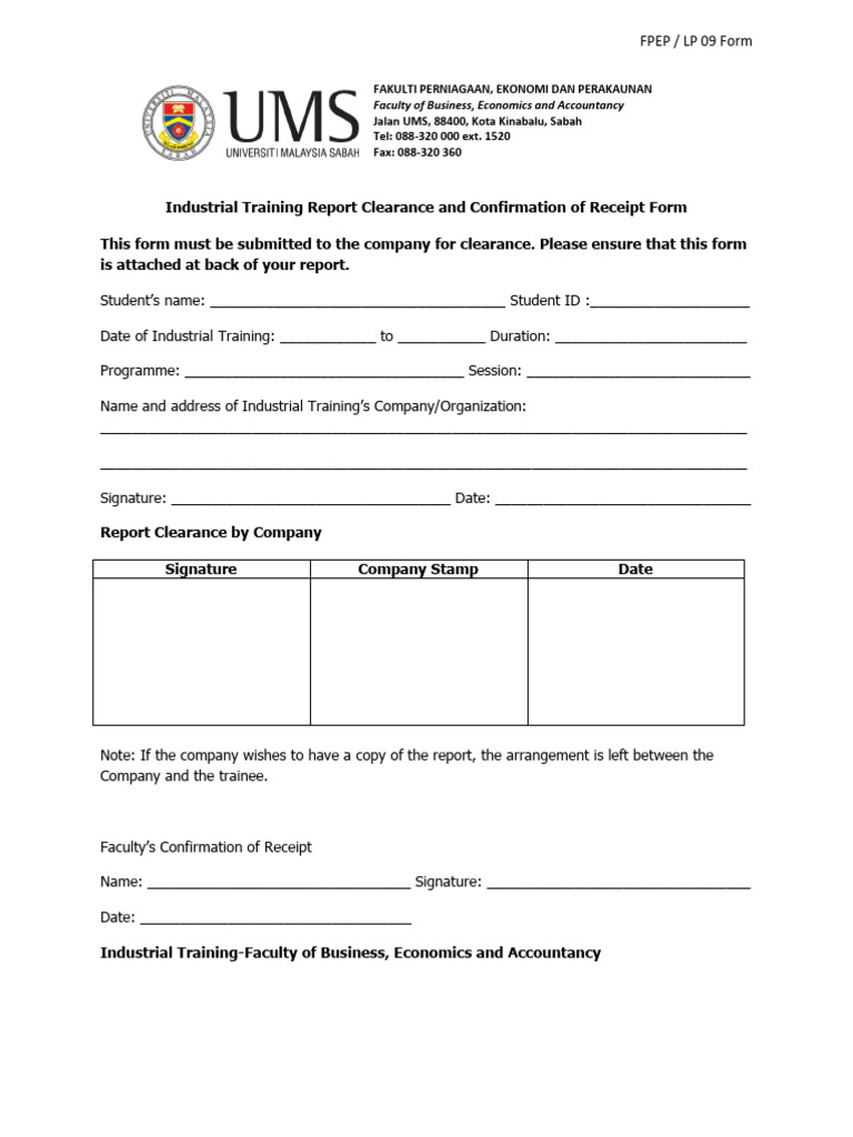 LP 09 IndustrialTrainingReportClearance ConfirmationofReceiptform | PDF