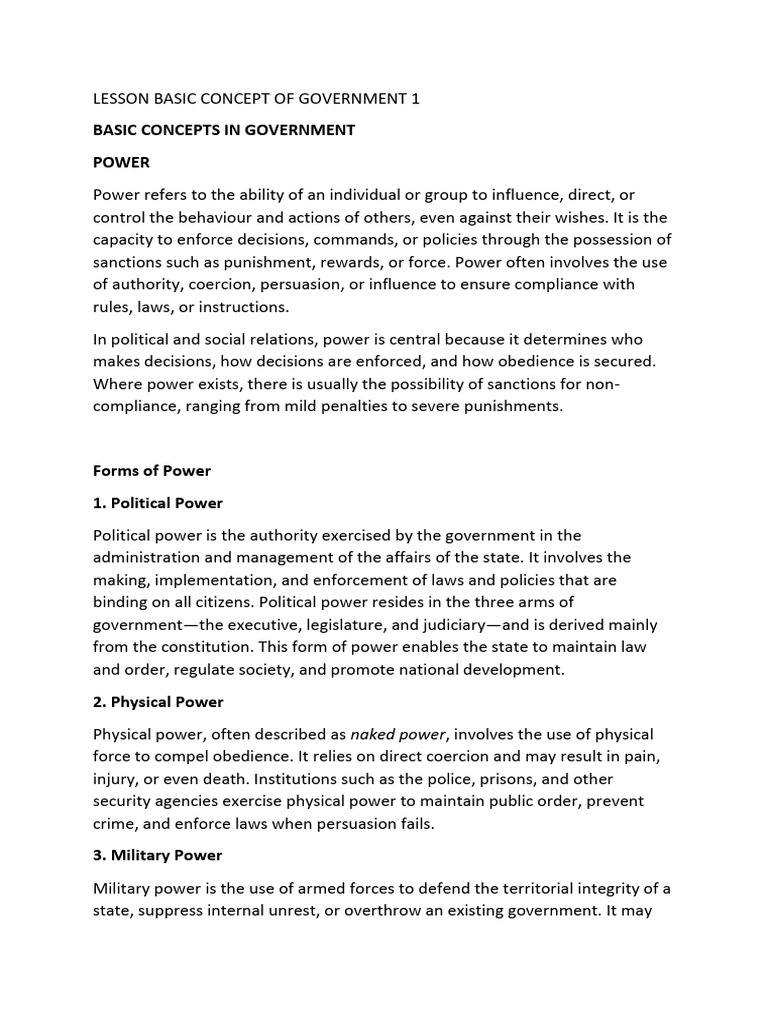 Lesson 1 - Basic Concepts in Government | PDF | Sovereignty | Power ...