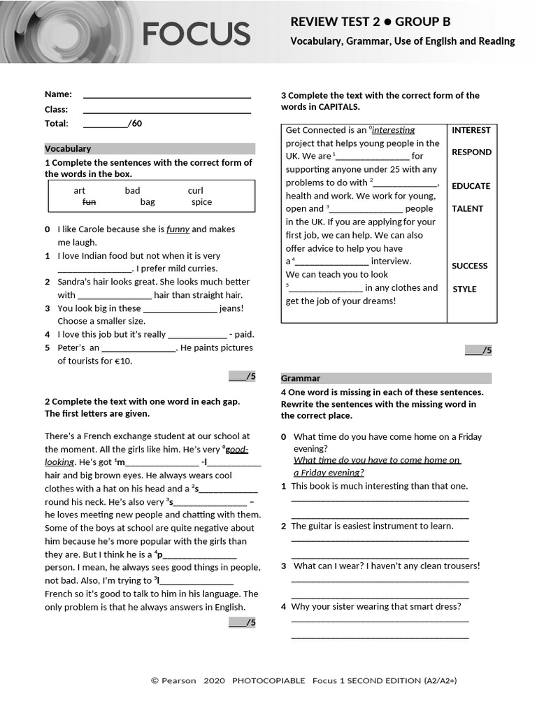 Focus1 2E Review Test 2 Units1 4 Vocabulary Grammar UoE Reading GroupB ...