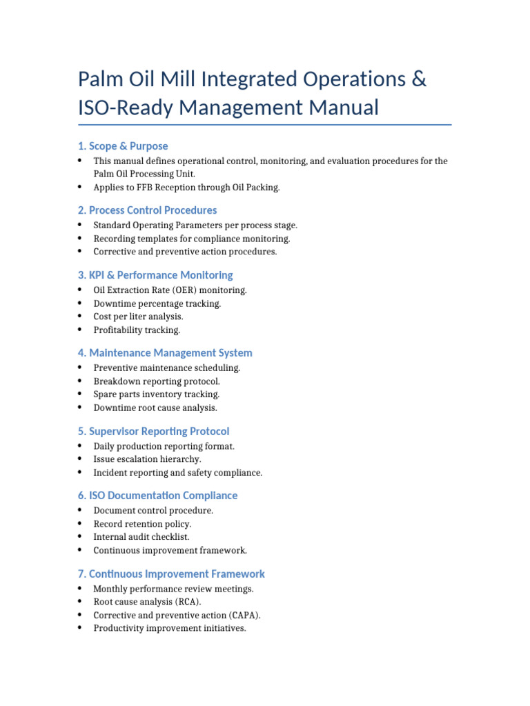 Palm Oil Mill ISO Ready Operations Manual | PDF