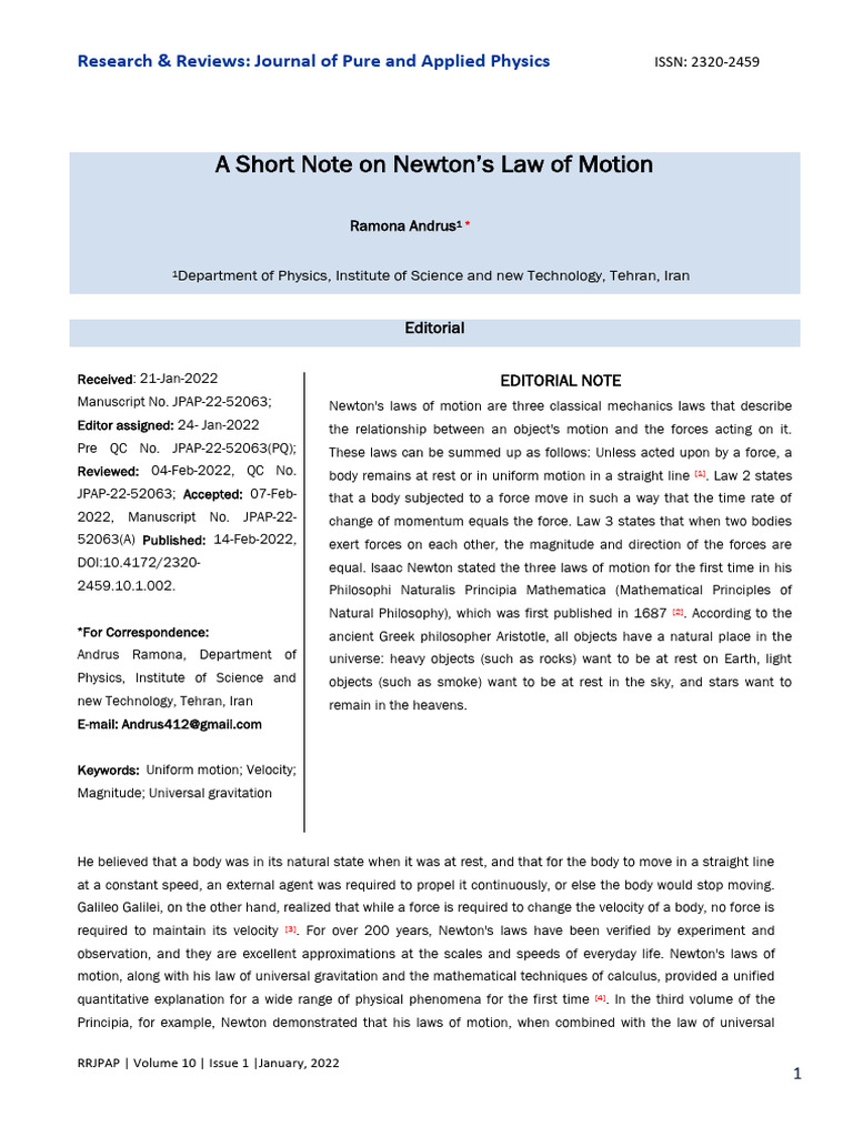A Short Note On Newtons Law of Motion | PDF | Newton's Laws Of Motion ...