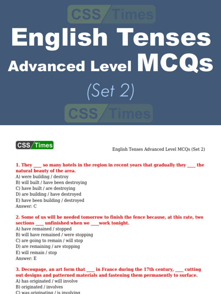 English Tenses Advanced Level MCQs (Set 2) | PDF
